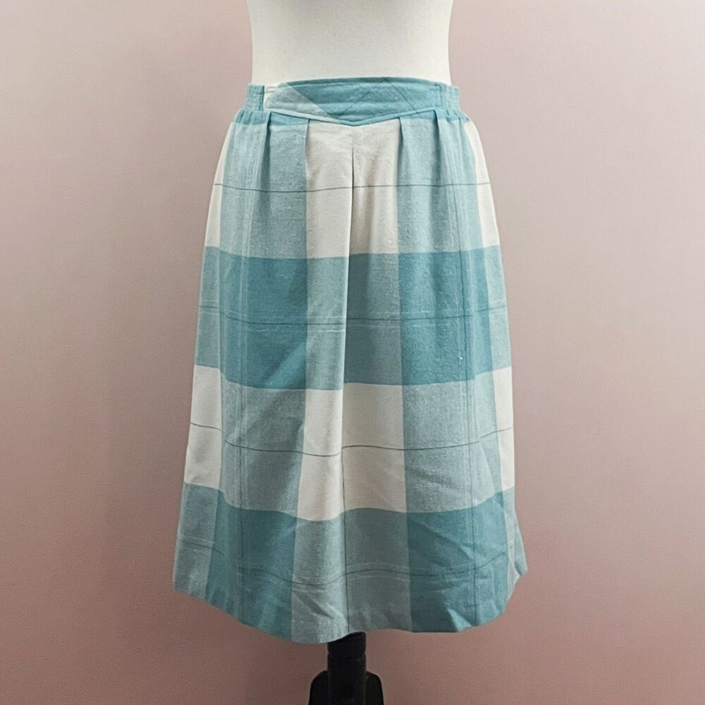 Vintage City Square Plaid Wool Blend Skirt 13/14 Aqua Retro Office Winter USA